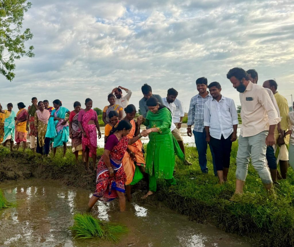 బురదలోకి దిగి మహిళ  రైతుల కష్టాన్ని పంచుకున్న కంజర్ల విజయక్క